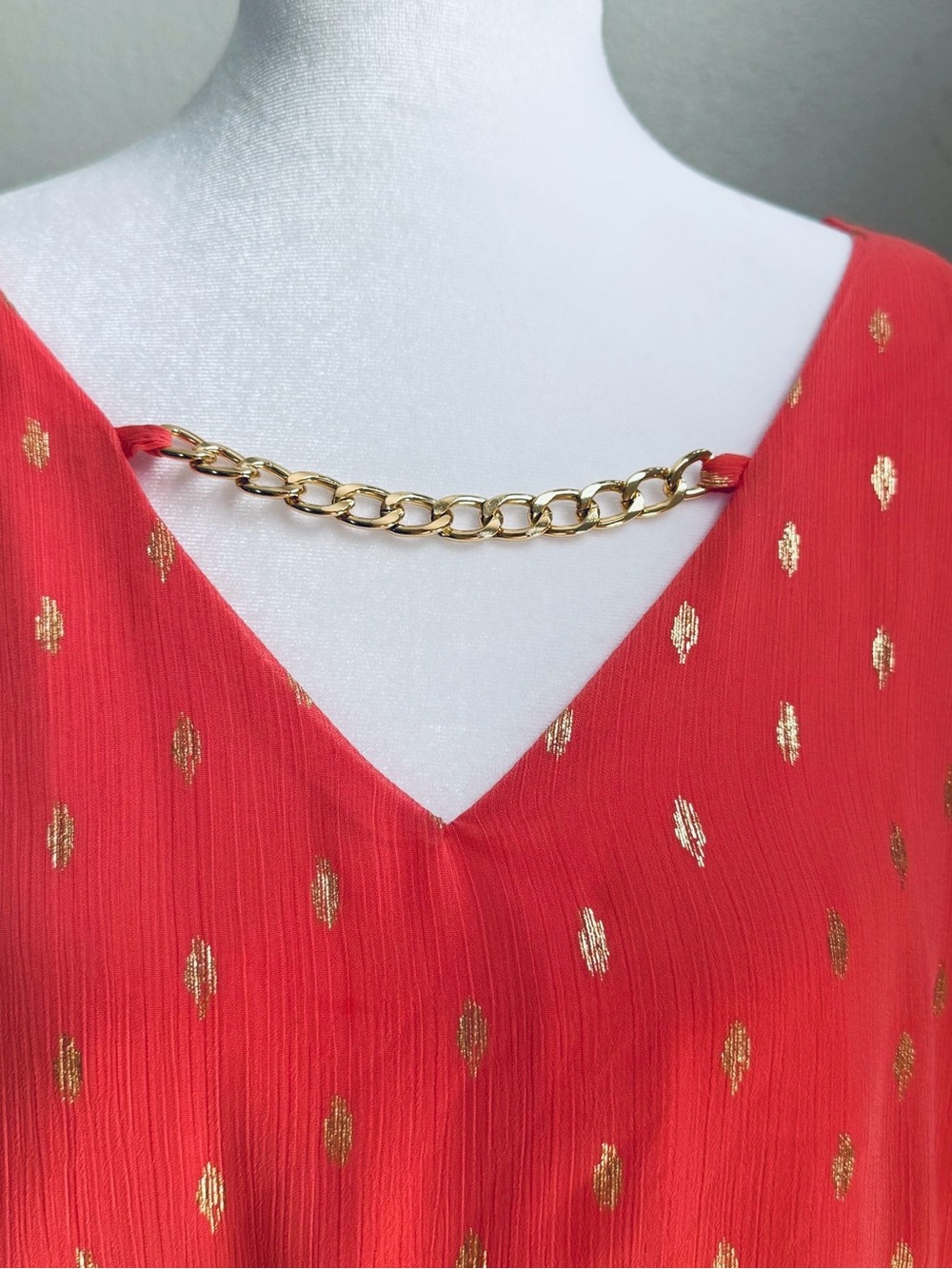 Sara Michelle Coral Blouse with Gold Chain Detail